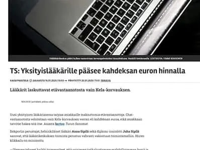 Yksityislääkärille pääsee kahdeksan euron hinnalla