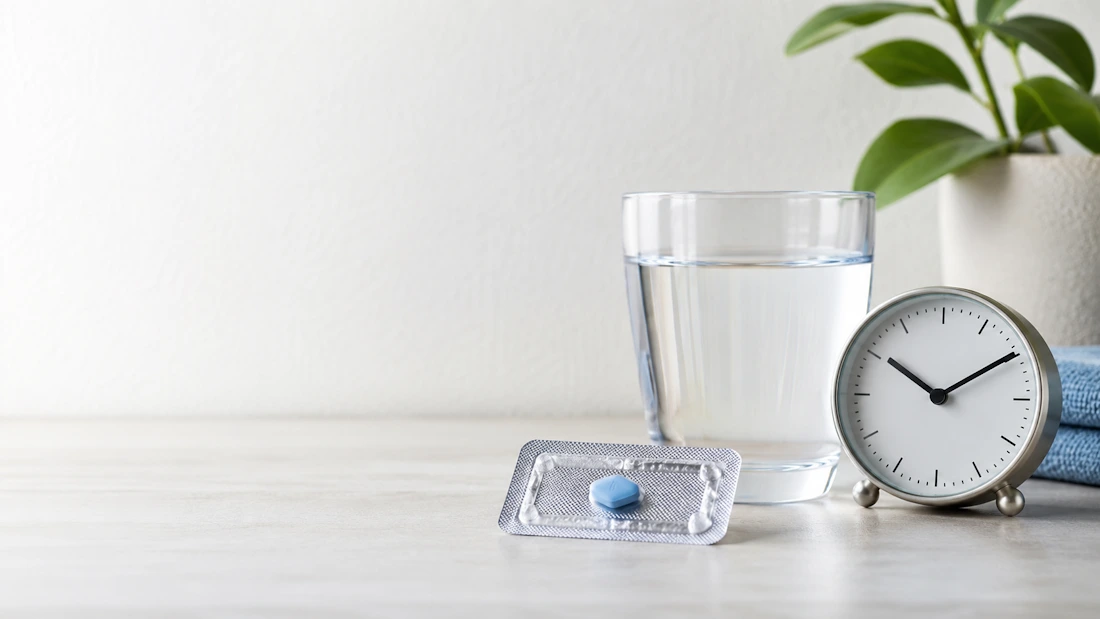 Medicine, glass of water and clocks are on a table