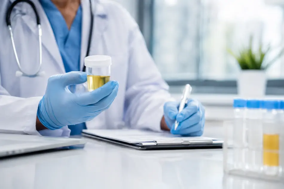 a lab technician holds a urine sample in his hands