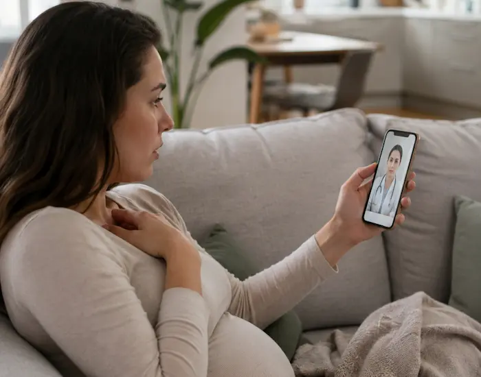 mulher grávida recebe consulta médica online
